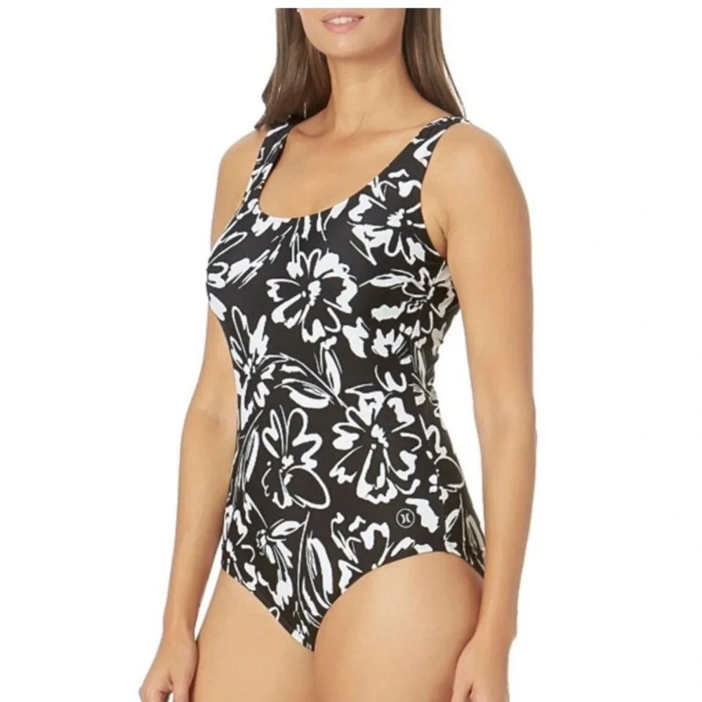 Hurley Ink Fresco Floral One Piece Swimsuit Bathing Suit Size XL‎ Monochrome